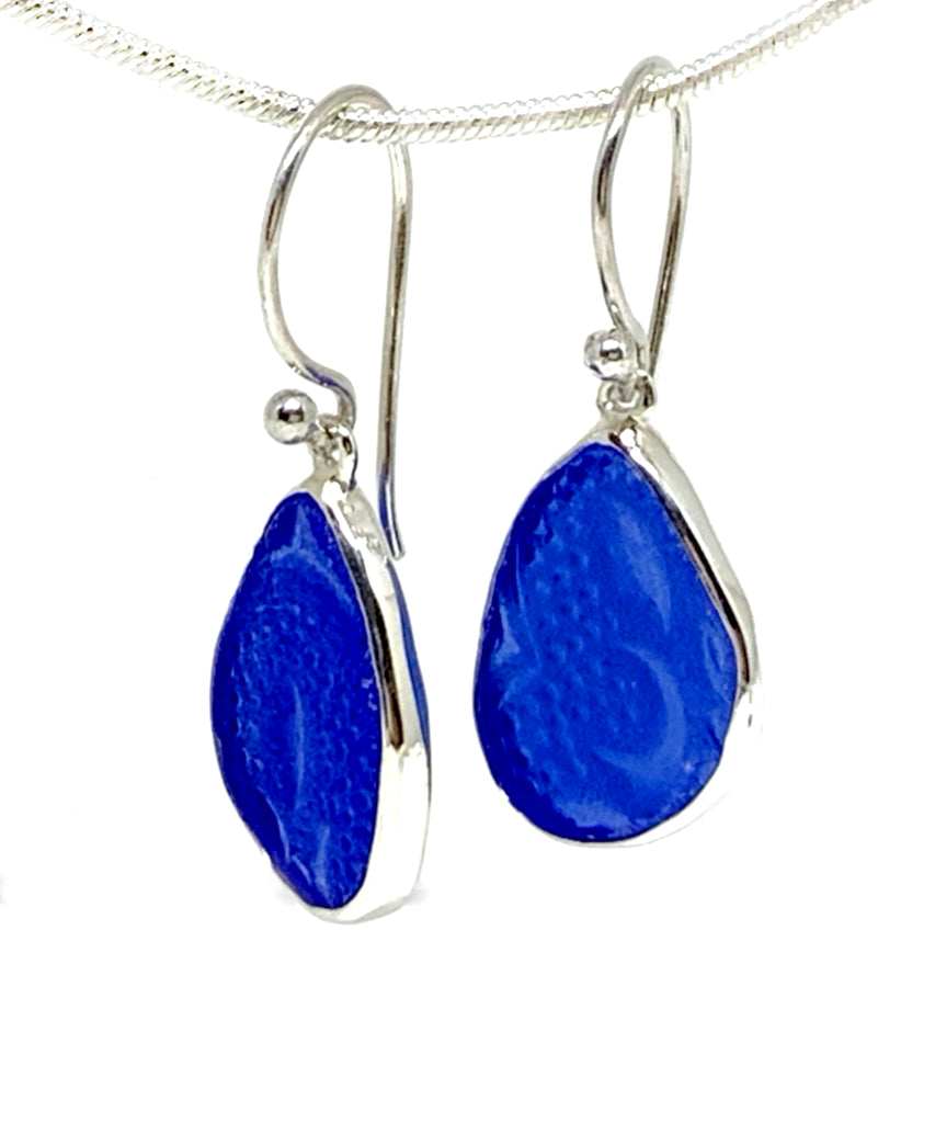 Textured Cobalt Blue Sea Glass Open Back Drop Earrings