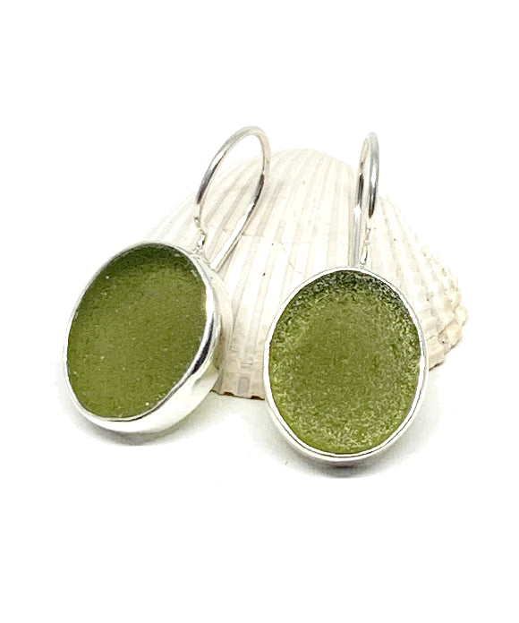 Olive Oval Sea Glass Single Drop Earrings