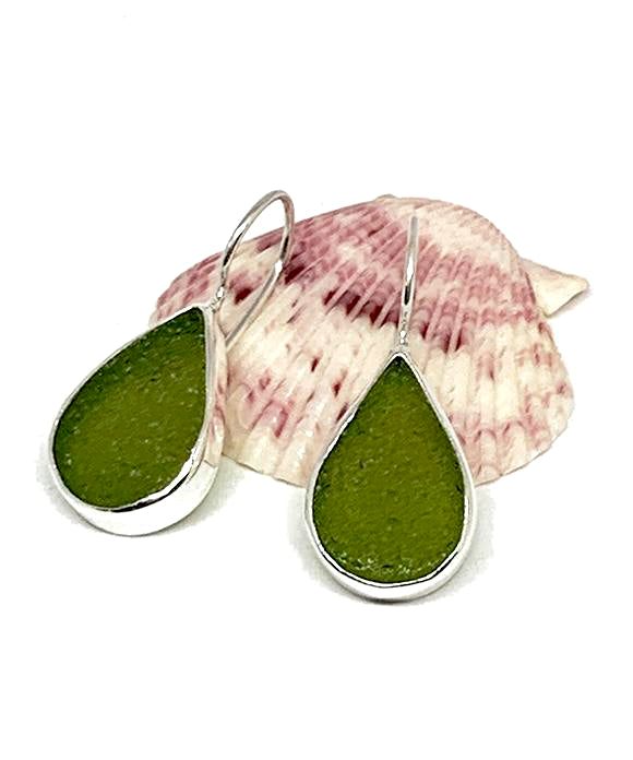Dark Olive Tear Drop Sea Glass Single Drop Earrings