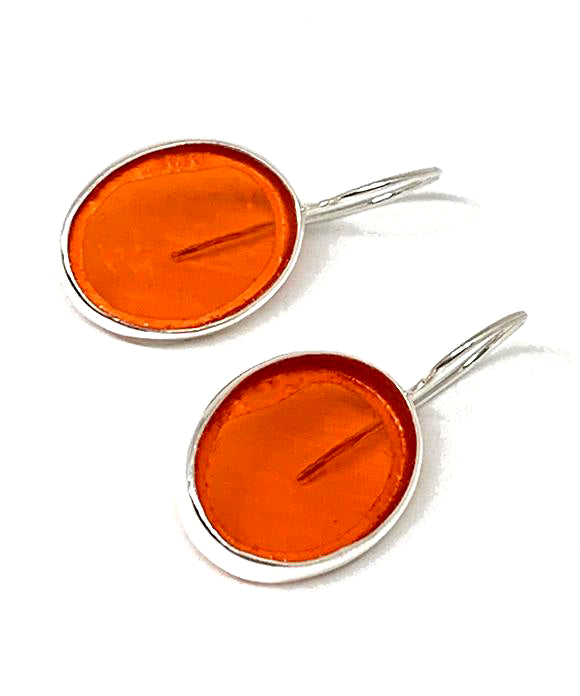 Clear Bright Orange Stained Glass Oval Shaped Single Drop Earrings