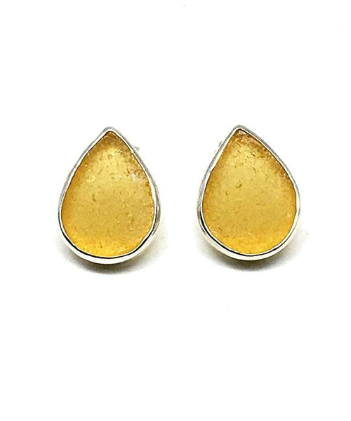 Amber Teardrop Sea Glass Post Earrings