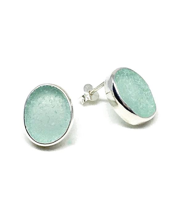 Oval Aqua Sea Glass Post Earrings