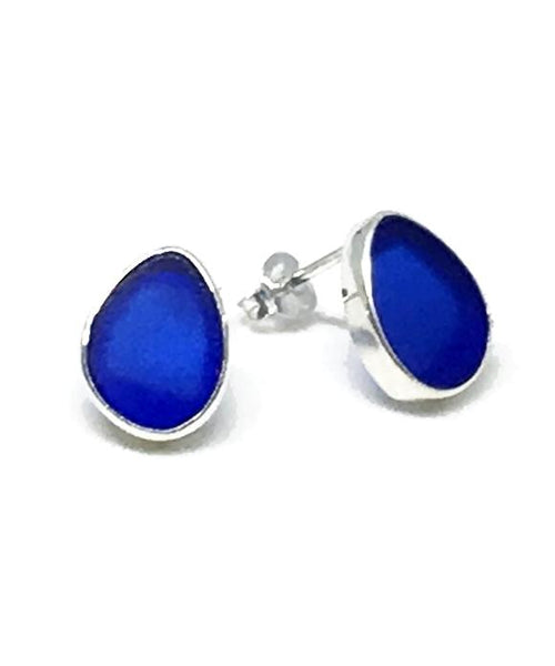 Cobalt Sea Glass Natural Shape Post Earrings