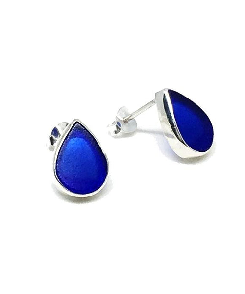 Cobalt Sea Glass Teardrop Post Earrings