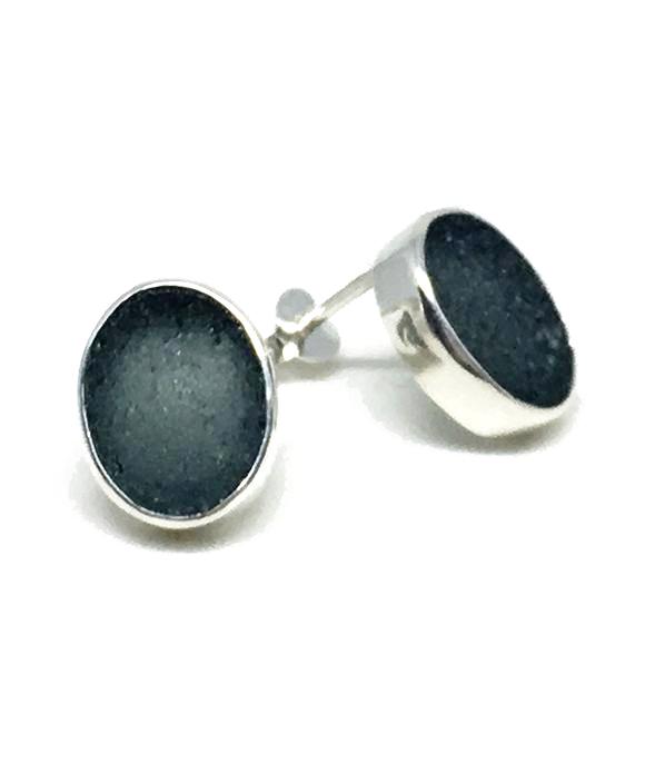 Dark Gray Oval Sea Glass Post Earrings