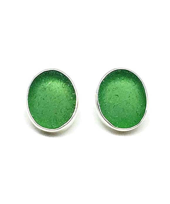 Oval Green Sea Glass Post Earrings