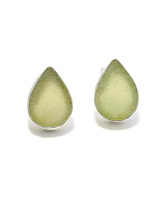 Light Olive Sea Glass Teardrop Post Earrings