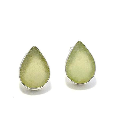 Light Olive Sea Glass Teardrop Post Earrings