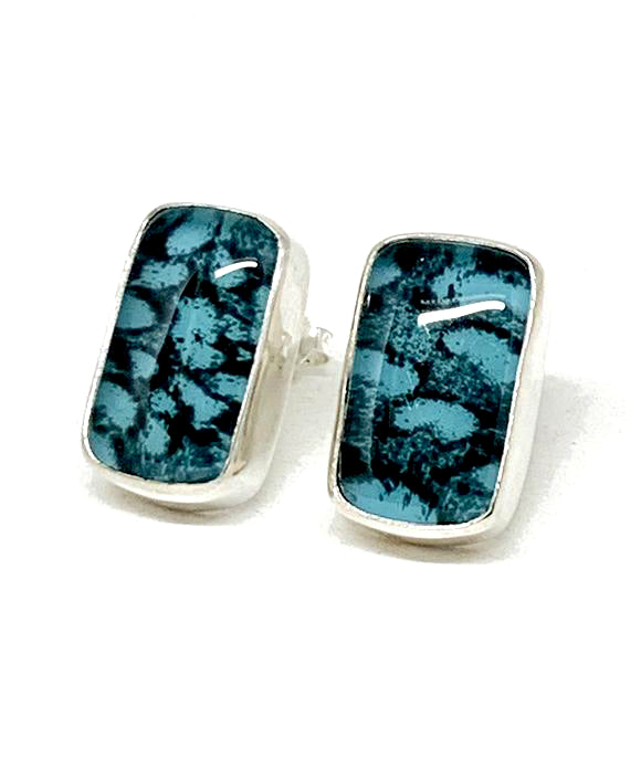 Turquoise & Black Patterned Fused Glass Post Earrings