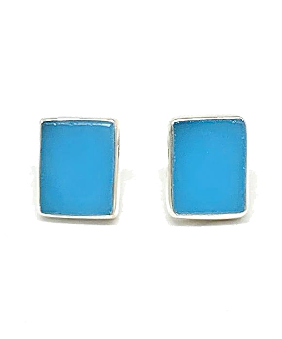 Opaque Turquoise Stained Glass Rectangle Shaped Post Earrings
