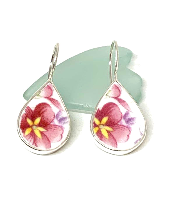 Pink & Yellow Flower Vintage Pottery Single Tear Drop Earrings
