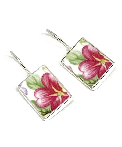 Pink Flower Flower Vintage Pottery Rectangle Single Drop Earrings