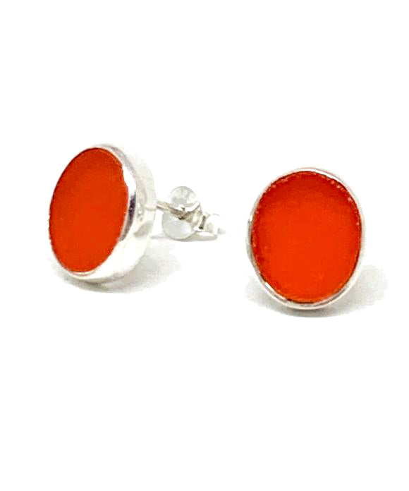 Dark Orange Stained Glass Oval Post Earrings