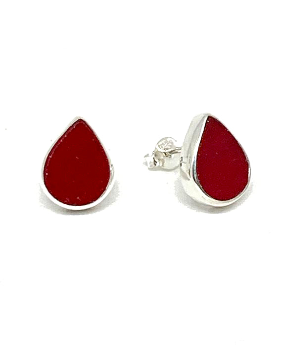 Dark Opaque Red Teardrop Stained Glass Post Earrings