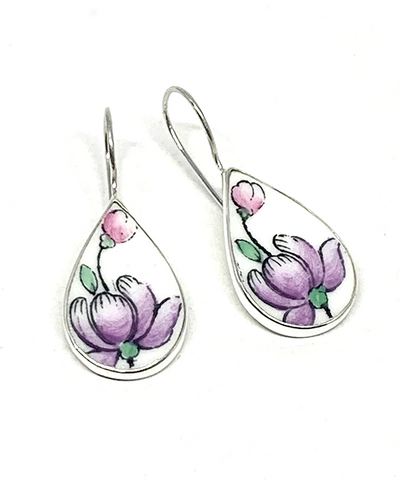 Large Purple Floral Vintage Pottery Tear Drop Single Drop Earrings