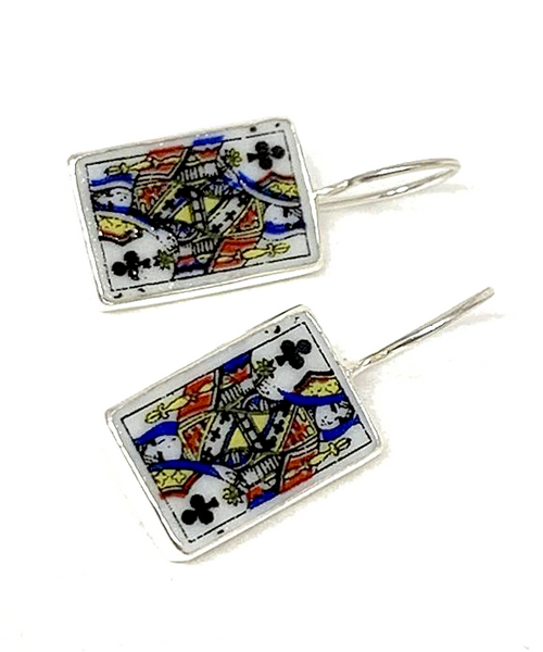 Queen of Clubs Vintage Pottery Single Drop Earrings