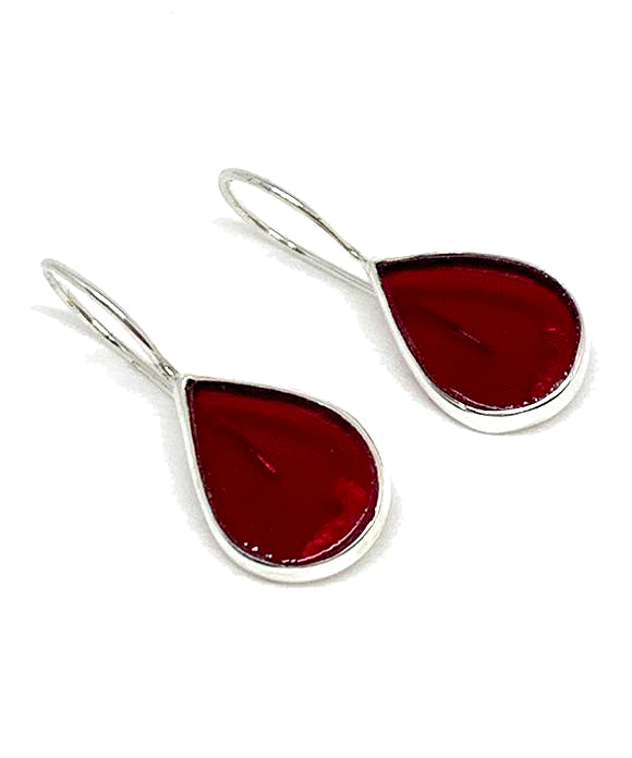 Clear Dark Red Teardrop Stained Glass Single Drop Earrings