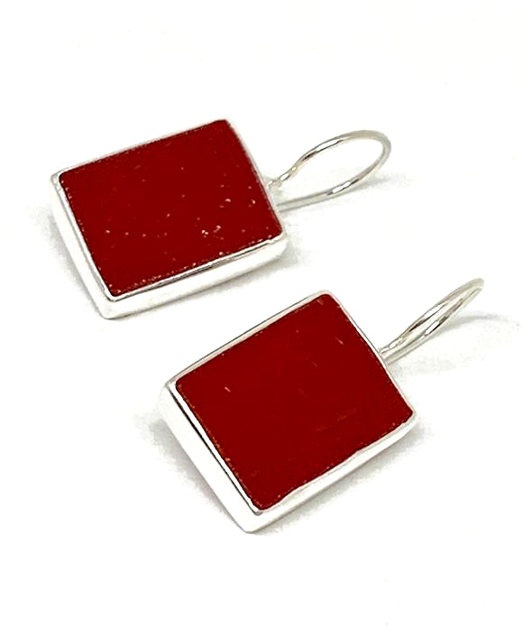 Dark Opaque Red Stained Glass Rectangle Shaped Single Drop Earrings