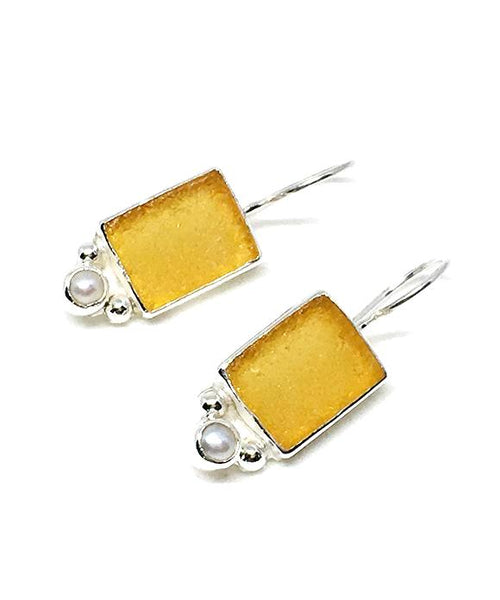 Amber Rectangle Sea Glass with Pearl Earrings