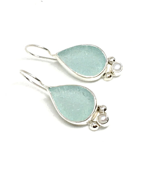 Aqua Teardrop Sea Glass with Pearl Earrings