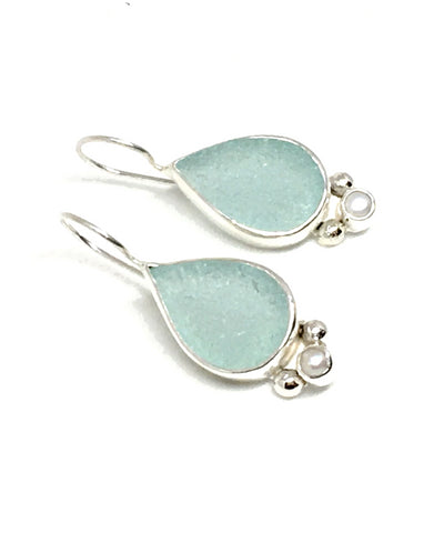 Aqua Teardrop Sea Glass with Pearl Earrings