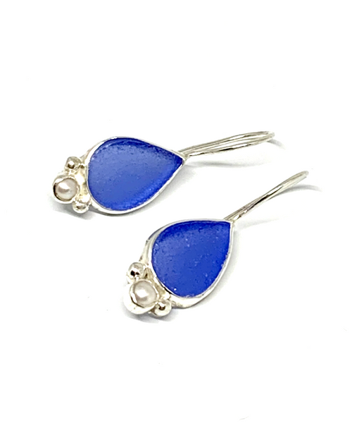 Blue Sea Glass Teardrop with Pearl Earrings
