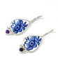 Blue & White Flowers Vintage Pottery and Amethyst Single Drop Earrings