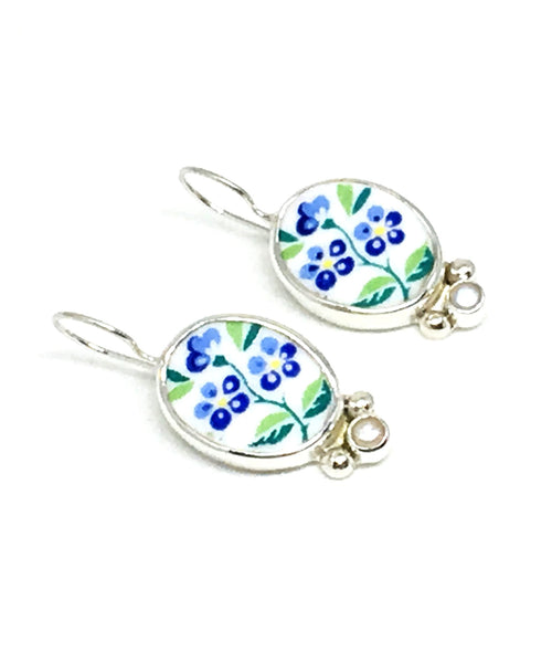 Little Blue Flowers Vintage Pottery and Pearl Single Drop Earrings