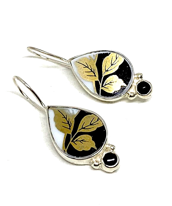 Gold Leaf on Black Vintage Pottery and Black Onyx Stone Single Drop Earrings
