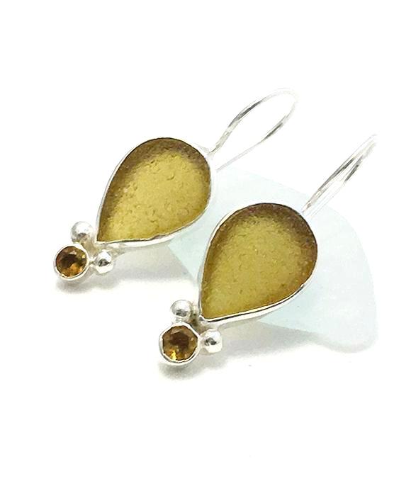 Dark Amber Teardrop Sea Glass with Faceted Citrine Earrings