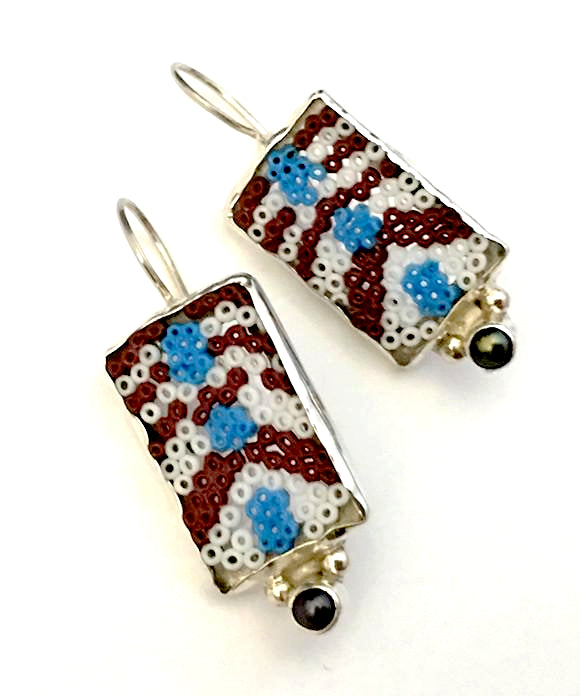 Brown, White & Blue Beaded Fused Glass Earrings with Black Pearl