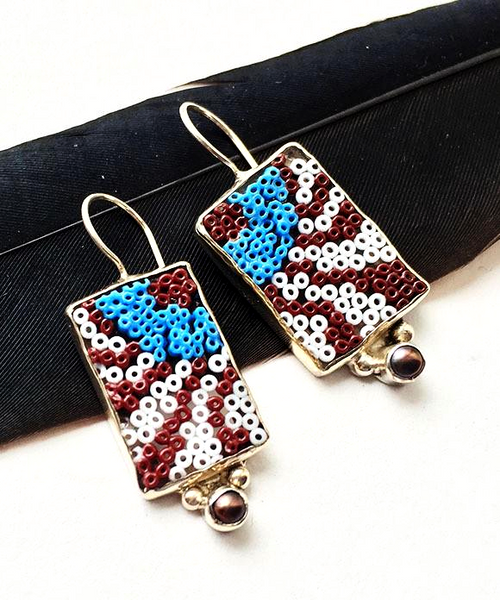 Brown and Blue Abstract Beaded Fused Glass Earrings with Pearls
