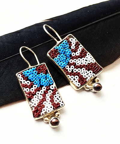 Brown and Blue Abstract Beaded Fused Glass Earrings with Pearls
