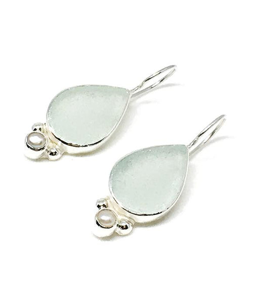 Soft Aqua Sea Glass with Pearl Earrings