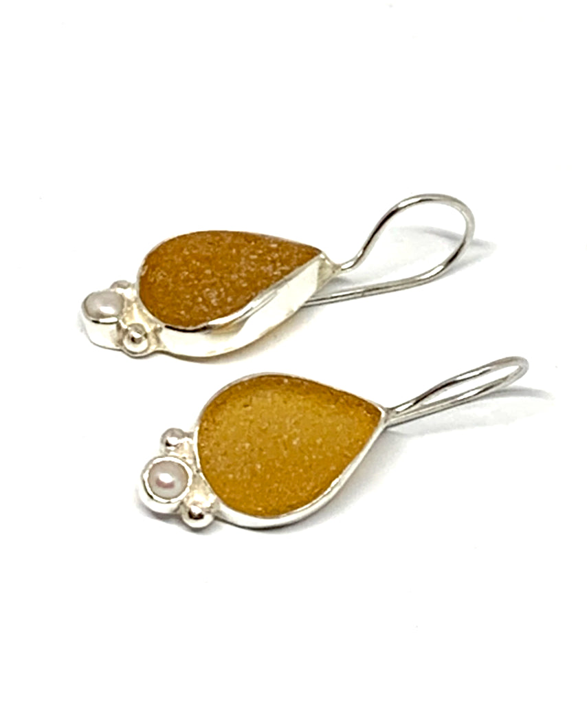 Dark Amber Sea Glass Teardrop with Pearl Earrings