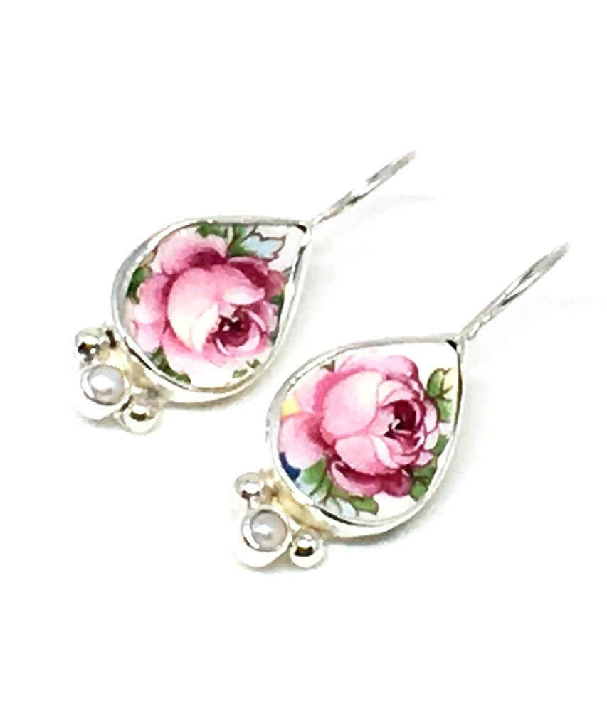 Pink Rose Vintage Pottery and Pearl Single Drop Earrings