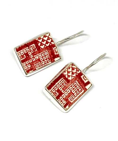Red & White Geometric Rectangle Vintage Pottery Single Drop Earrings