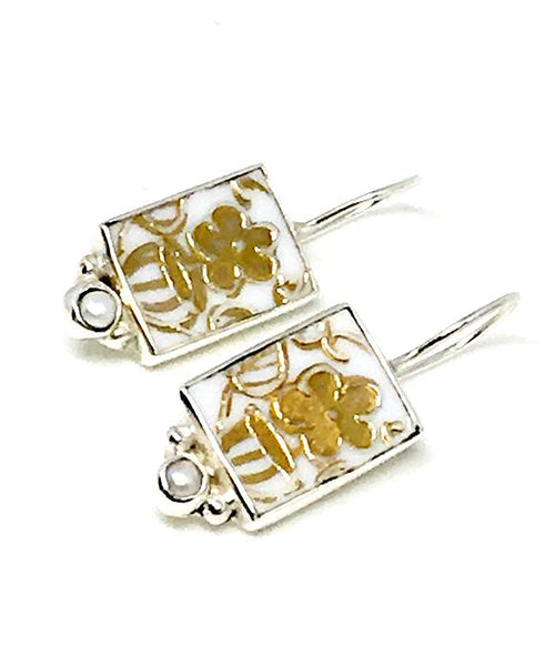 Gold Flowers Vintage Pottery and Pearl Single Drop Earrings