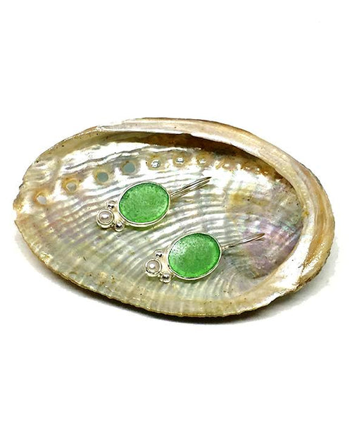 Small Oval Green Sea Glass with Pearl Earrings