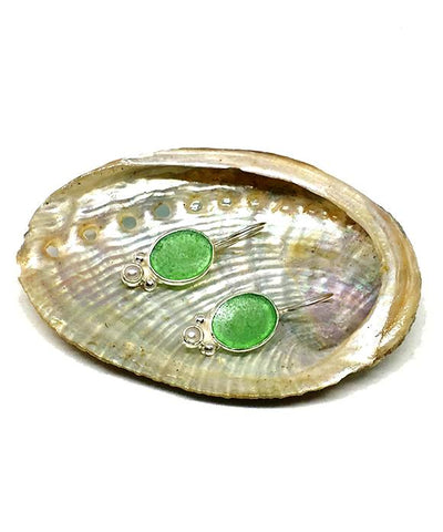 Small Oval Green Sea Glass with Pearl Earrings