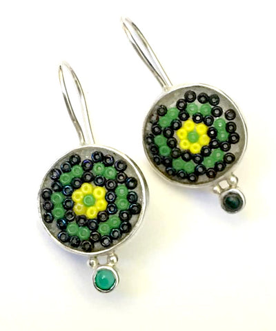 Green, Black & Yellow Beaded Fused Glass Earrings with Green Agate
