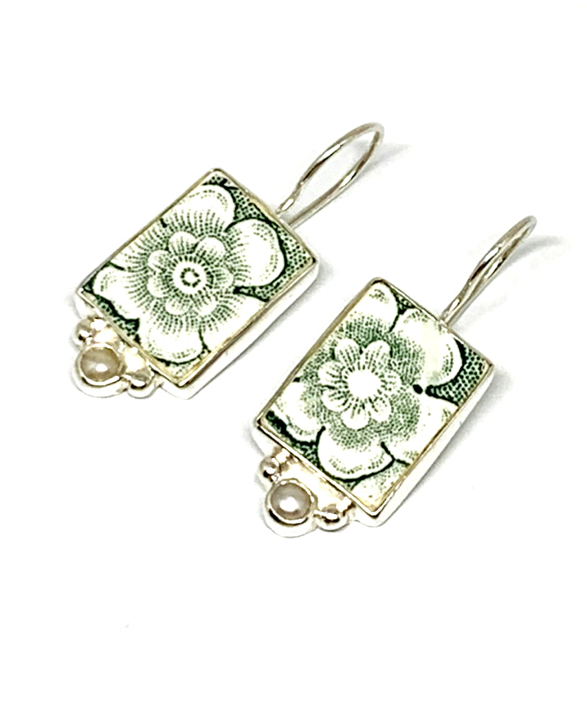 Green Flower Transfer Ware Vintage Pottery with White Pearl Single Drop Earrings