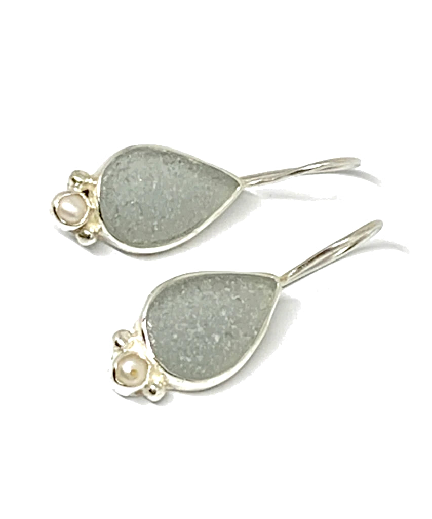 Light Gray Teardrop Sea Glass with Pearl Earrings