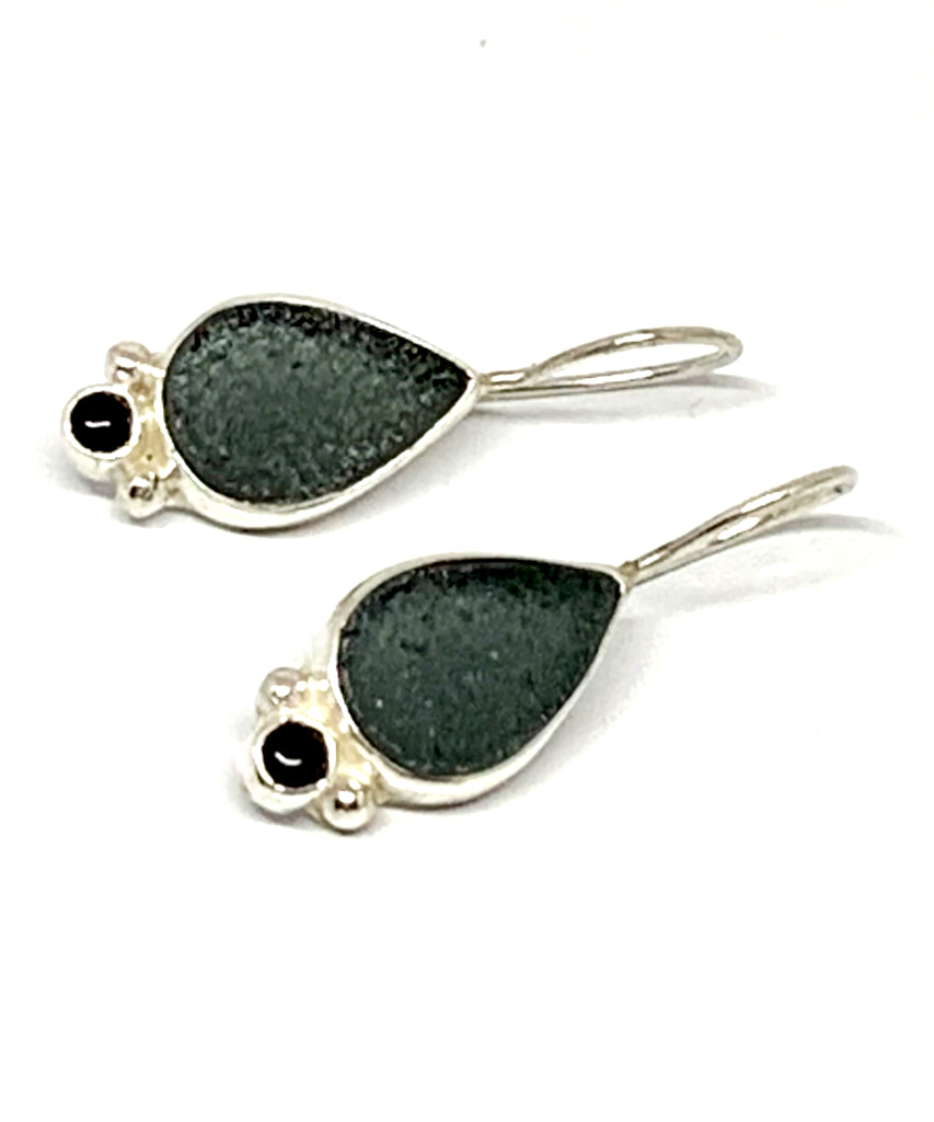 Black Teardrop Sea Glass with Black Onyx Earrings