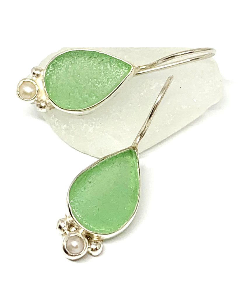 Light Green Teardrop Sea Glass with Pearl Earrings