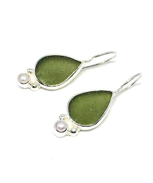 Olive Green Sea Glass with Pearl Earrings