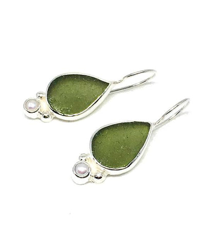 Olive Green Sea Glass with Pearl Earrings