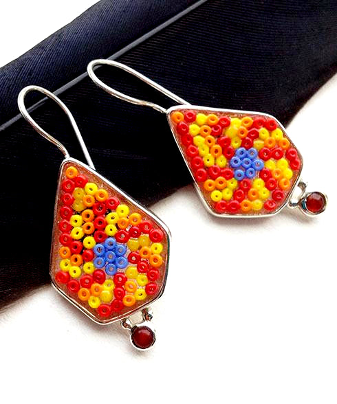 Orange and Blue Spiral Beaded Fused Glass Earrings with Carnelian Stones