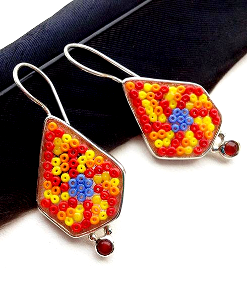 Orange and Blue Spiral Beaded Fused Glass Earrings with Carnelian Stones