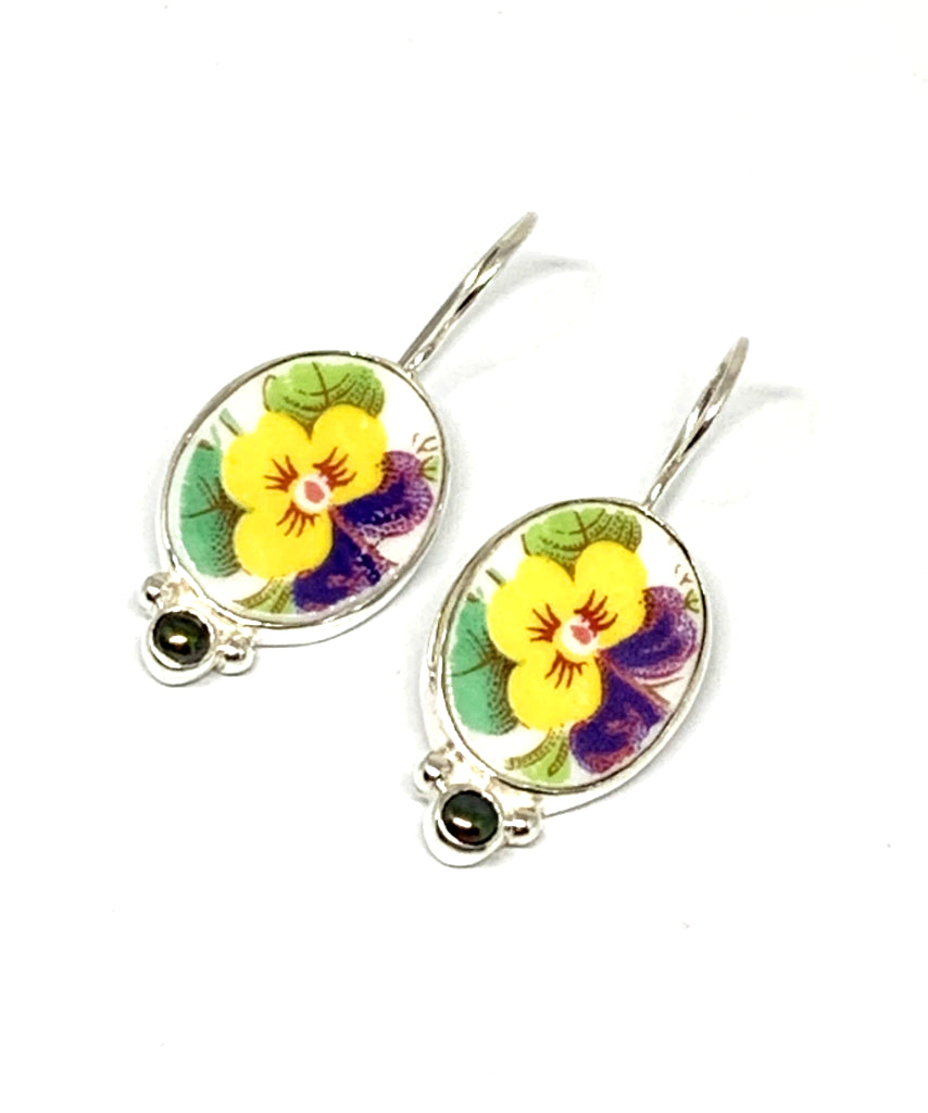 Yellow and Purple Pansy Vintage Pottery with Black Pearl Single Drop Earrings